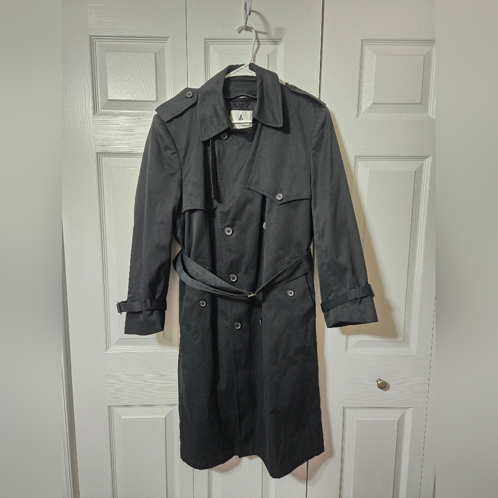 Black Double Breasted Belted Trench Coat Jacket, Size 40 Short, Removable Liner